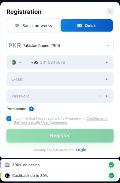 1win registration form